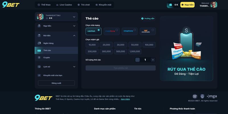 Rút Tiền 9Bet